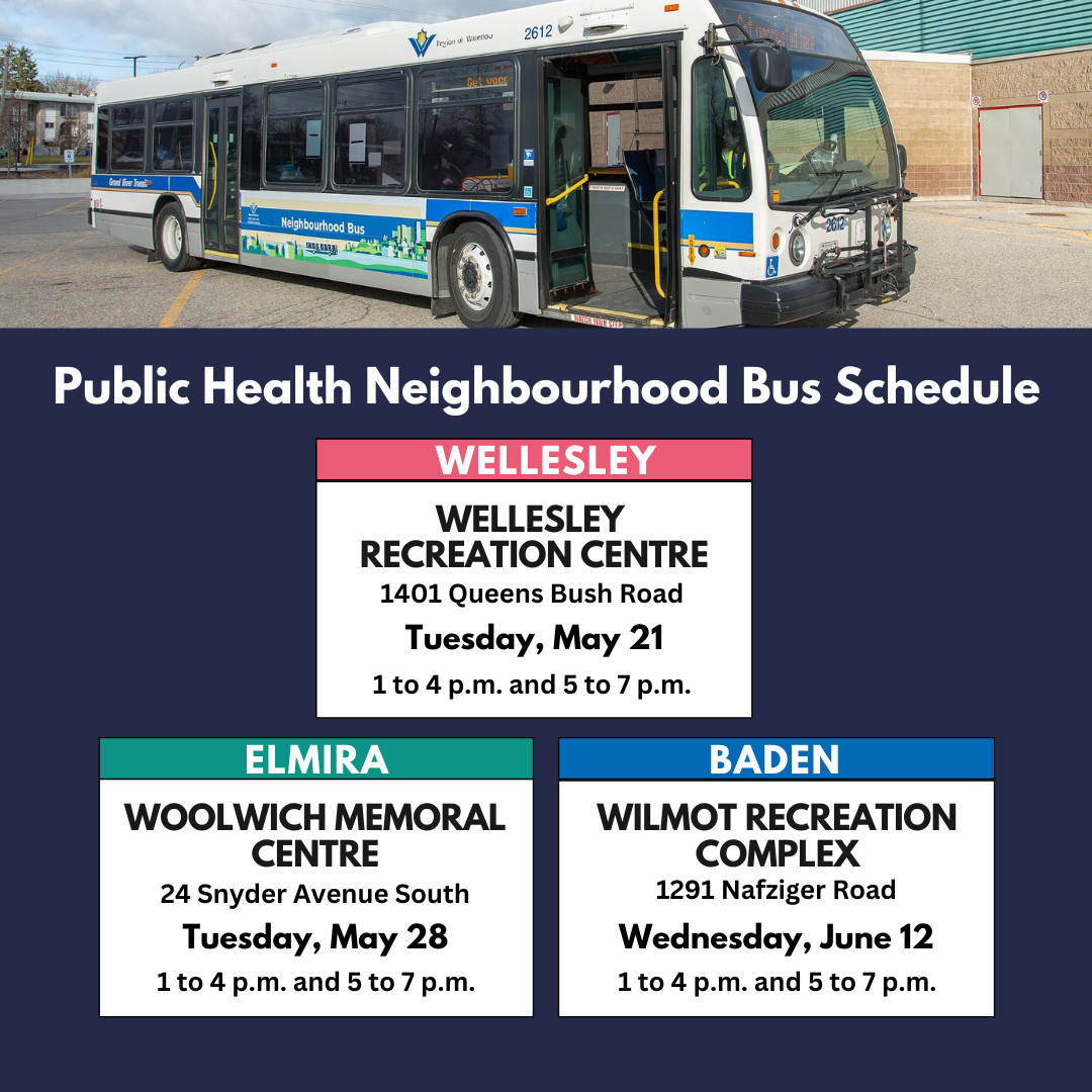 The Public Health Neighbourhood Bus is coming to a location near you. No appointment needed! See the upcoming schedule at regionofwaterloo.ca/neighbourhoodh…