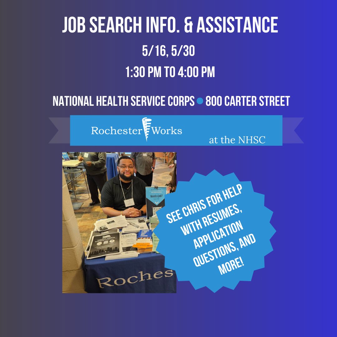 JOB SEEKERS! Swing by NHSC on Carter St. TODAY from 1:30 PM - 4:30 PM to get some FREE job search guidance from RochesterWorks Career Services Advisor, Chris!

#ResumeHelp #JobSeekers #JobApplications #NHSC