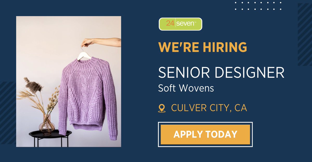 Our client is looking for a Senior Designer with soft wovens experience to join their team in Culver City, CA! Ideal applicants will have 5+ years of design experience in the soft woven dress, tops, and skirts category. Click the link and apply today! bit.ly/3wA1n1I