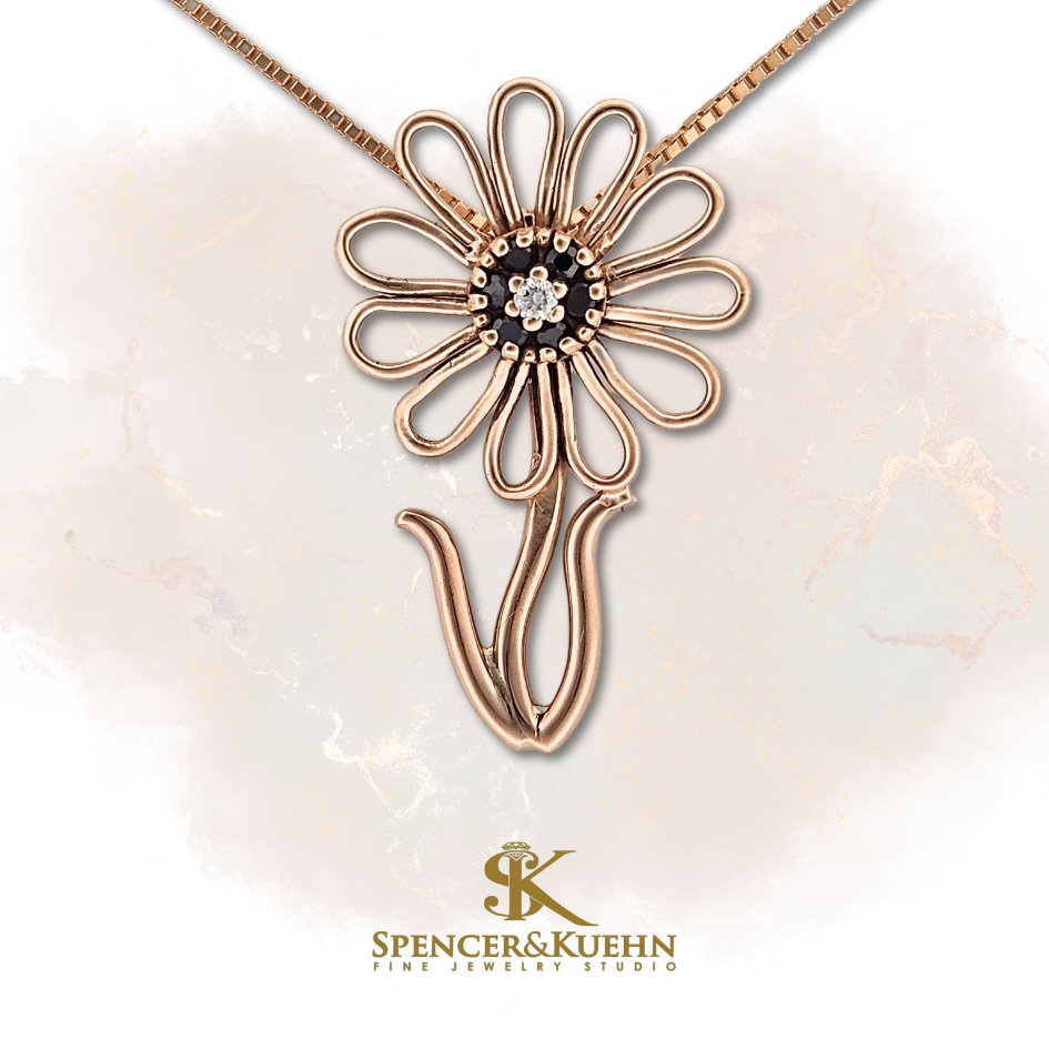 She's pretty and pink! Hand-fabricated 14k rose gold flower pendant with a black and white diamond center. 

This piece was crafted by Katherine Spencer and is a custom piece, call to order! Want to design your next gift? 

Click:bit.ly/SnK-Design #morgantown  #westvirginia