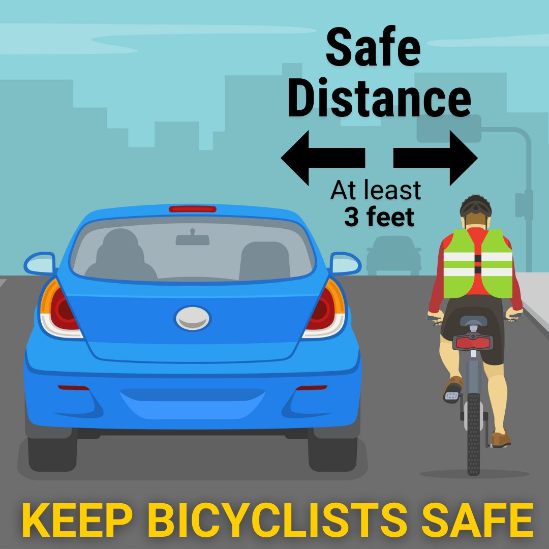 Drivers, let's show some grace and give bicyclists some space. 🚗_________🚴 Always keep a minimum of 3 feet between you and a cyclist on the road. *Be sure to check your state’s specific laws!