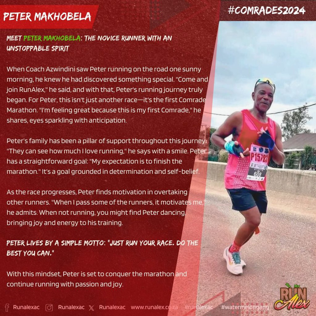 Let's unite to cheer on a fellow #WatermelonGang 🍉 member, Peter Makhobela as he embarks on his first @ComradesRace. Best of luck, Bra Peter! 👏🏾 #RunAlexAC #Comrades2024