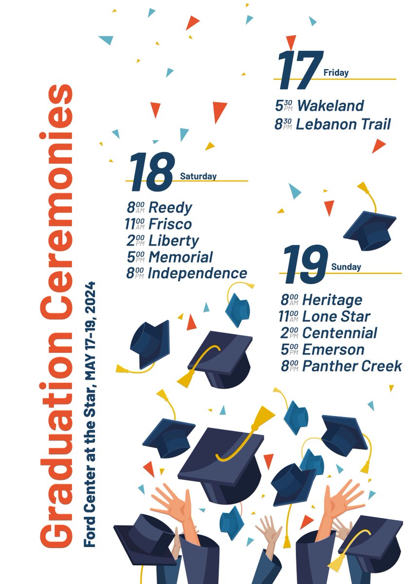 🎓 The Class of 2024 will begin their commencement ceremonies tomorrow evening at the Ford Center! Check out the schedule below, and visit ow.ly/z9yq50RzTl1 to find the livestream links for each campus.