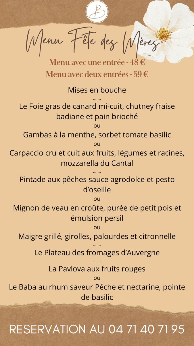 Ce Dimanche 26 Mai 2024 on fête les mamans! Pour l'occasion, nous vous proposons un menu spécial gourmand et savoureux.

Réservation et renseignements au 04.71.40.71.95

#restaurant #maman #fetedesmeres #salers #paysdesalers #cantal #auvergne #gastronomie