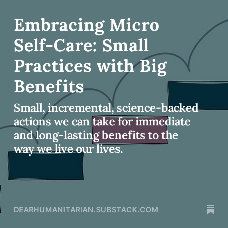 This week on #Substack we explore how to integrate more #selfcare by using #micro practices. Read the full post at #dearHUMANitarian using the link in the bio. 

#DimpStory #TellMeMyStory #RootsInTheClouds #DimpleDhabalia#occupationaltrauma #healing #selfcare #redefiningselfcare