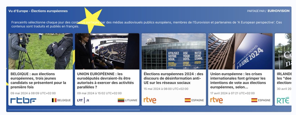 Depuis ce matin un carrousel d'infos sur les élections européennes depuis plusieurs autres pays du vieux continent et une couverture de médias publics. Traductions automatiques, vérifiées par des éditeurs. francetvinfo.fr/elections/