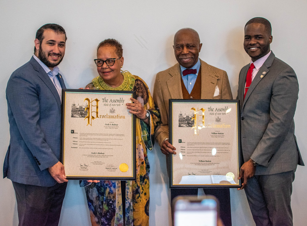 Two esteemed SEEK retirees—Counselor William Modeste and English Professor Cicely Rodway—received proclamations from New York State Assemblymembers @KhaleelAnderson ’19 and @SamBergerNY. Read more in #TheQView: ow.ly/ICn350RFI4G.
