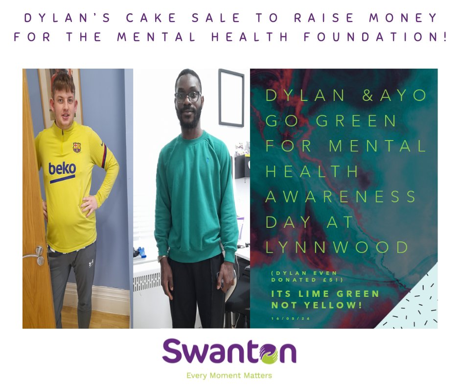 Dylan, who is supported at Lynnwood Avenue, is very busy selling cakes to raise money for #wearitgreenday and @Mentalhealthfoundation Dylan has even donated £5 of his own money! 

Ayo is taking part wearing green to help spread the word- well done everyone! 💚

#SwantonEthos