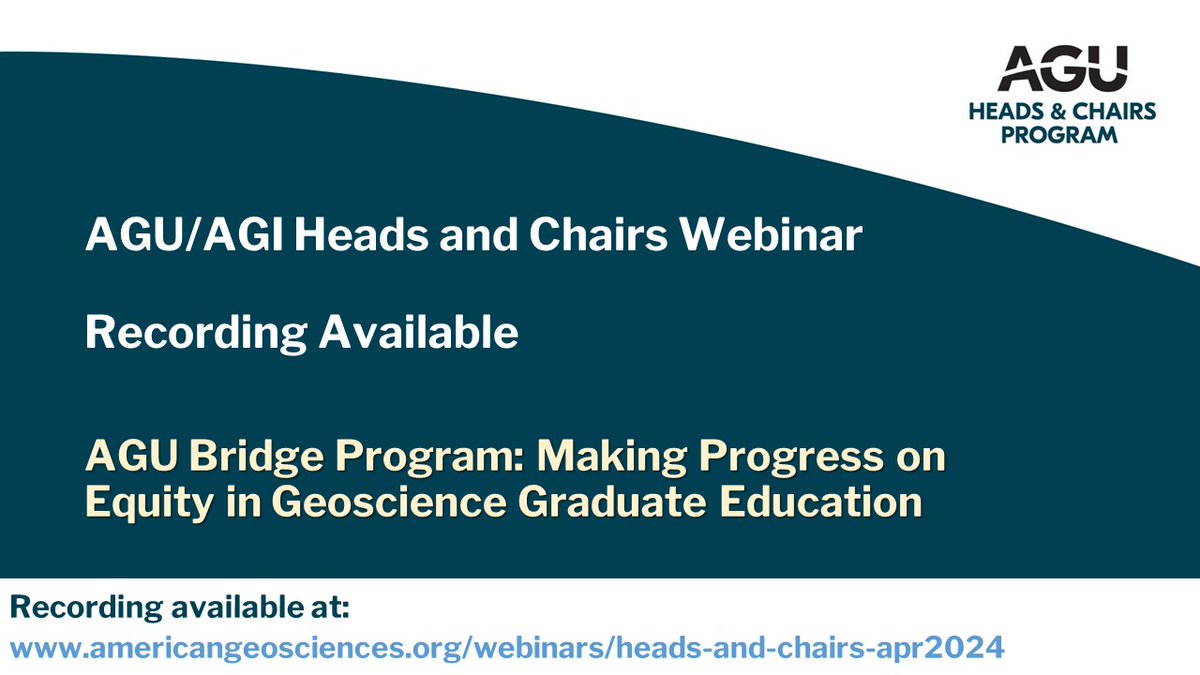 See the #webinar “AGU Bridge Program: Making Progress on Equity in Geoscience Graduate Education.” The AGU Bridge Program is committed to promoting #diversity, equity, and inclusion in Earth and space space #sciences. View online now: americangeosciences.org/webinars/heads…