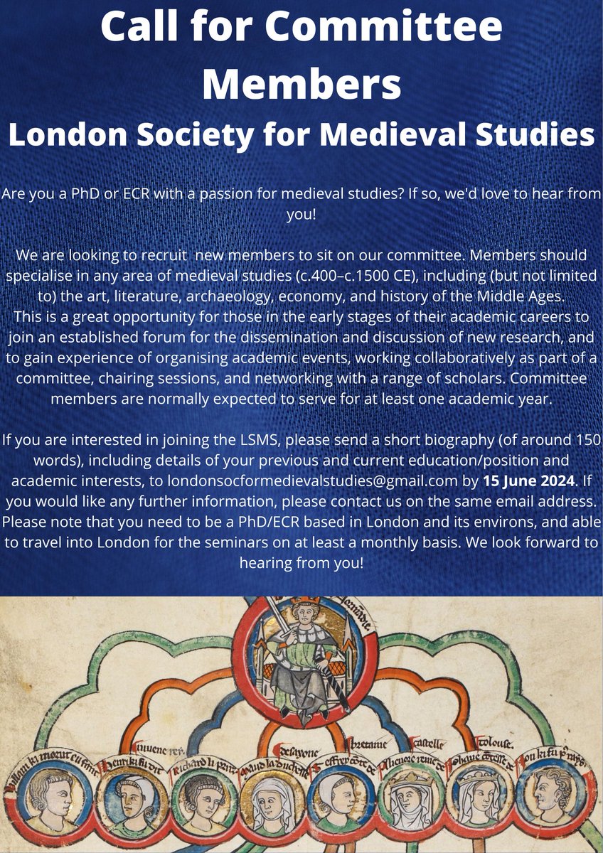 Exciting announcement - do you want to be part of our team of enthusiastic medievalists helping to make our seminars possible? LSMS is recruiting new members for our committee - please get in touch by 15th June! @kingshistory @UCLHistory @BirkbeckHCA @RHULHistory @QMEnglishPGRS