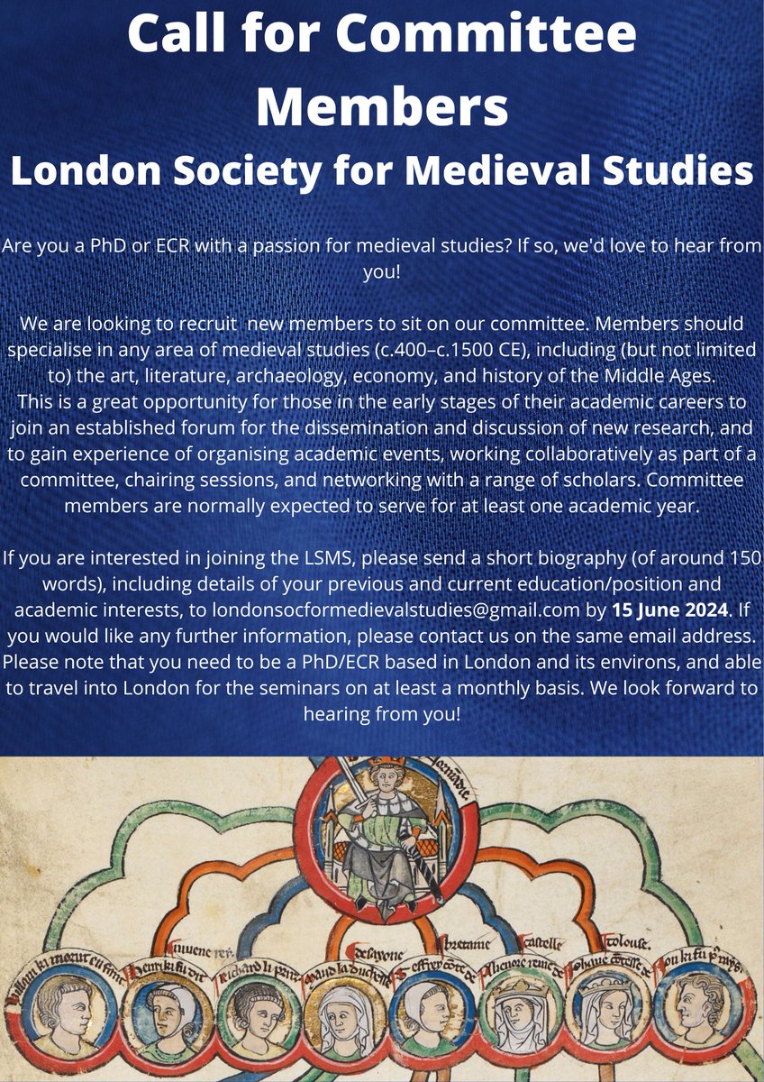 Exciting announcement - do you want to be part of our team of enthusiastic medievalists helping to make our seminars possible? LSMS is recruiting new members for our committee - please get in touch by 15th June!
<a href="/kingshistory/">King's History</a> <a href="/UCLHistory/">UCL History</a> <a href="/BirkbeckHCA/">School of Historical Studies, Birkbeck</a> <a href="/RHULHistory/">Royal Holloway History Department</a> <a href="/QMEnglishPGRS/">Queen Mary English PGRS</a>