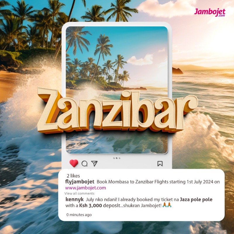 Direct Flights from Mombasa to Zanzibar are starting in July! 🥳✈️ Start your dream Zanzibar vacation with a Kes 3,000 deposit with #JazaPolePole. Learn how on bit.ly/JazaPolePole #JambojetInZanzibar