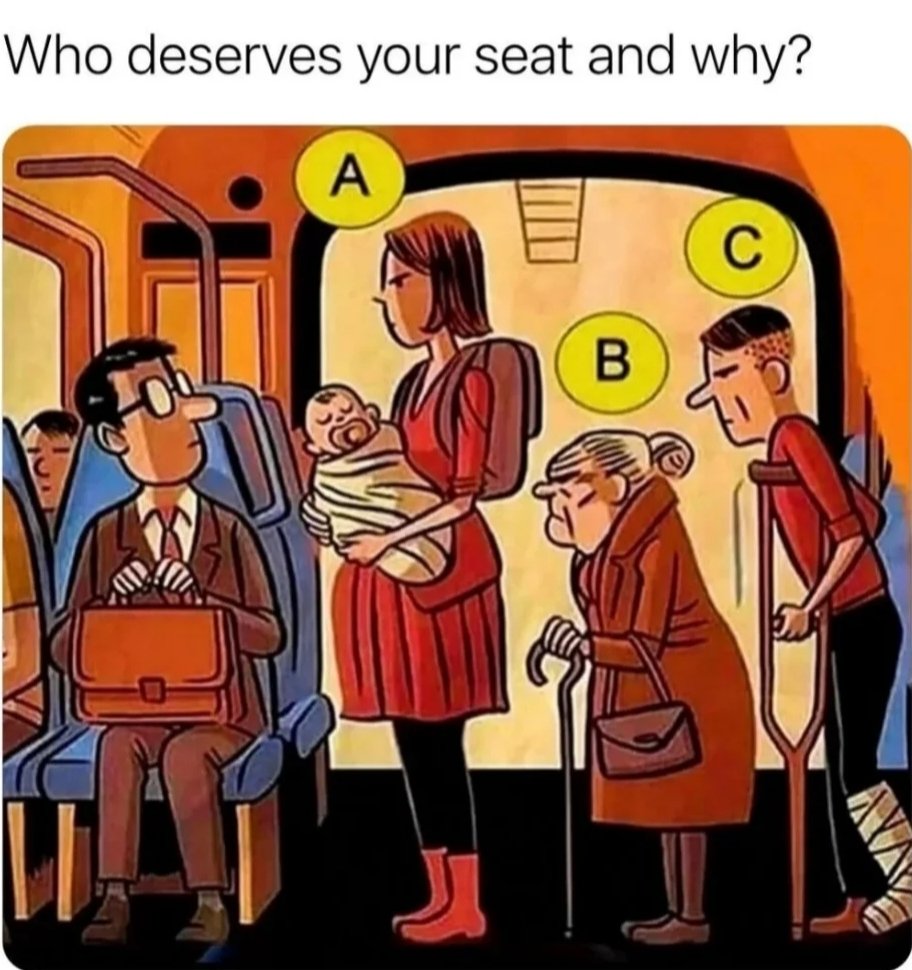 I'd give my seat to A because she has a baby and a back pack. Seems like she'd be the most inconvenienced if she had to stand the entire ride.