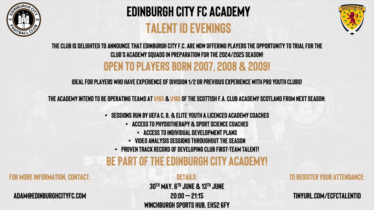 🖤🤍EDINBURGH CITY ACADEMY 24/25🤍🖤 The academy is delighted to commence preparations for the 2024/25 season which will see the introduction of our new U16s & U18s squads! Be apart of Edinburgh City & a REAL pathway towards SPFL football! Tinyurl.com/ECFCTalentID