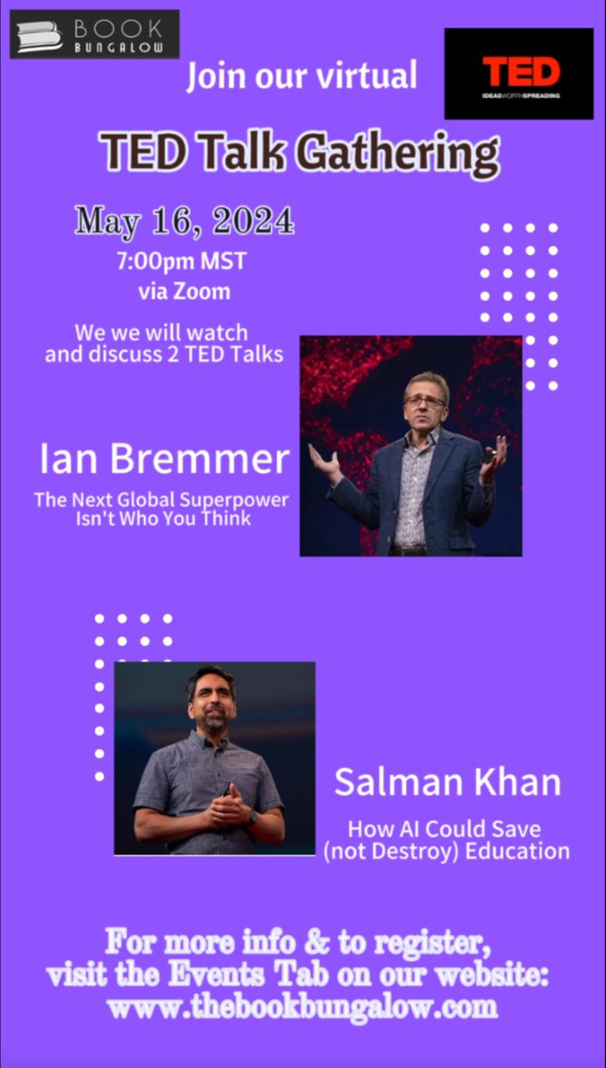 Our @TEDTalks Gathering is happening tonight! We’re watching & discussing talks from @ianbremmer & @khanacademy! Register to join us here: us02web.zoom.us/meeting/regist… #booktwitter #Tbr #whattoread #shopindie #shopsmall #shoplocal