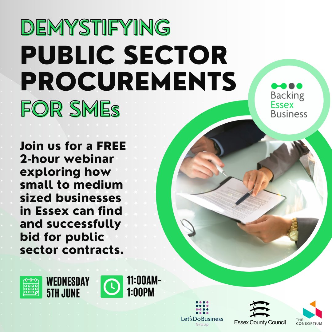 Time’s running out 🚨 Don’t miss out on this incredible webinar, helping small businesses across Essex to find and successfully bid for public sector contracts. Join us online on Wednesday 5 June to demystify public sector procurement: lets-do-business-group.cademy.co.uk/demystifying-p… @LDBGroup