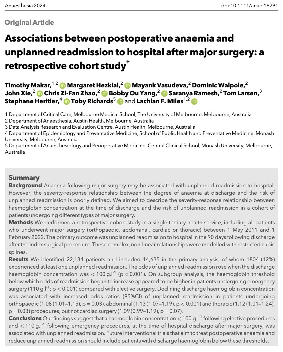𝘈𝘯𝘢𝘦𝘴𝘵𝘩𝘦𝘴𝘪𝘢 (@anaes_journal) on Twitter photo 🔥You heard it here first!🔥
Hb <100 g/L following ELECTIVE procedures
Hb <110 g/L following EMERGENCY procedures
WAS associated with unplanned readmission!
How will you manage these patients!?
<a href="/CritCareUniMelb/">Critical Care at UniMelb</a> <a href="/Austin_Health/">Austin Health</a> <a href="/LachieMiles/">Lachlan Miles</a>
🔗…-publications.onlinelibrary.wiley.com/doi/10.1111/an… 🔥You heard it here first!🔥
Hb <100 g/L following ELECTIVE procedures
Hb <110 g/L following EMERGENCY procedures
WAS associated with unplanned readmission!
How will you manage these patients!?
<a href="/CritCareUniMelb/">Critical Care at UniMelb</a> <a href="/Austin_Health/">Austin Health</a> <a href="/LachieMiles/">Lachlan Miles</a>
🔗…-publications.onlinelibrary.wiley.com/doi/10.1111/an…
