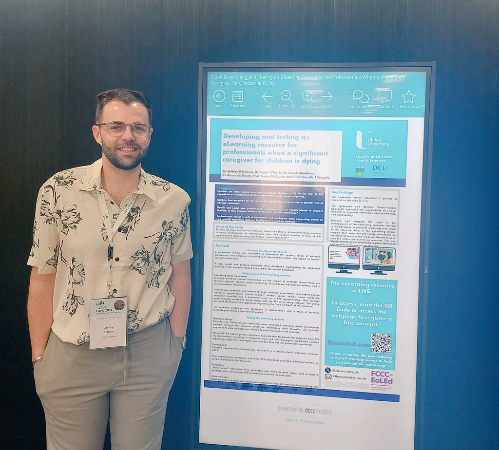 🖼Presenting our team poster on the development and testing of our recent family centred cancer care end of life education eLearning resource @ #EAPC2024 @EAPCvzw @semple_cherith @carlaloneill @AIIHPC Available at: fccceoled.com