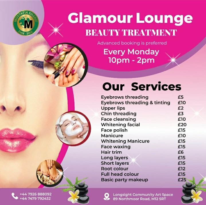 Get ready to glow every Monday from 10am to 2pm at Longsight Community Art Space! Our Glamour Lounge offers a range of beauty treatments to leave you feeling radiant. Advanced booking is preferred. #BeautyTreatment #PamperYourself #SelfCare #GlowUp #beauty #pampering