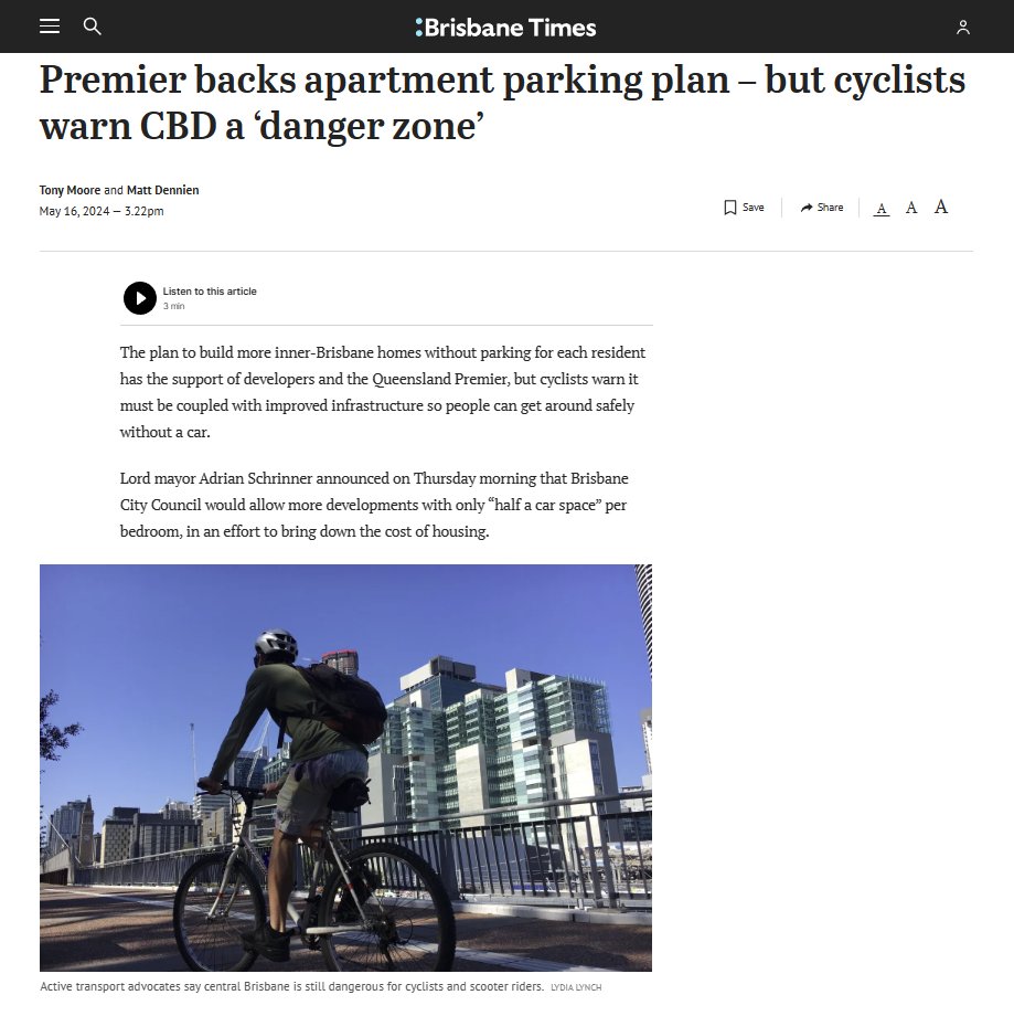 We echo the comments of Bicycle Queensland in regard to the announcement by @bne_lordmayor in reducing the requirements for car parking of apartment developments in certain areas.
Many places even in the innercity are unsafe to access on a bike & we need safe,protected bikelanes!