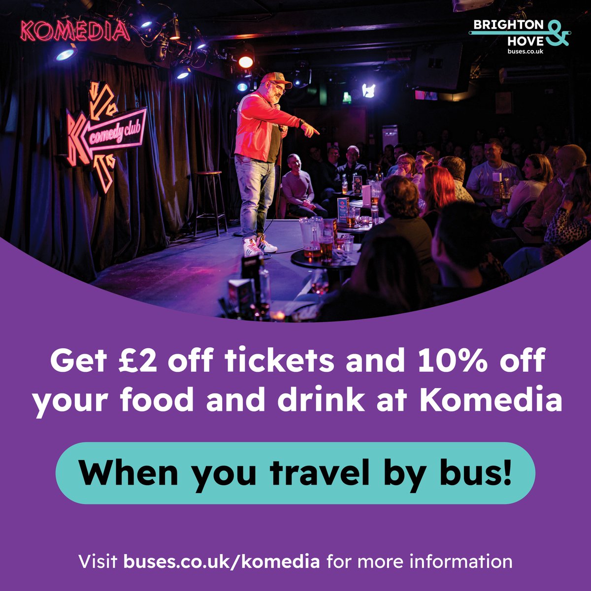 Discounts for bus passengers at Komedia! Get £2 off your tickets and 10% food and drink when you travel by bus... Find out more on our website: buses.co.uk/discounts-kome…