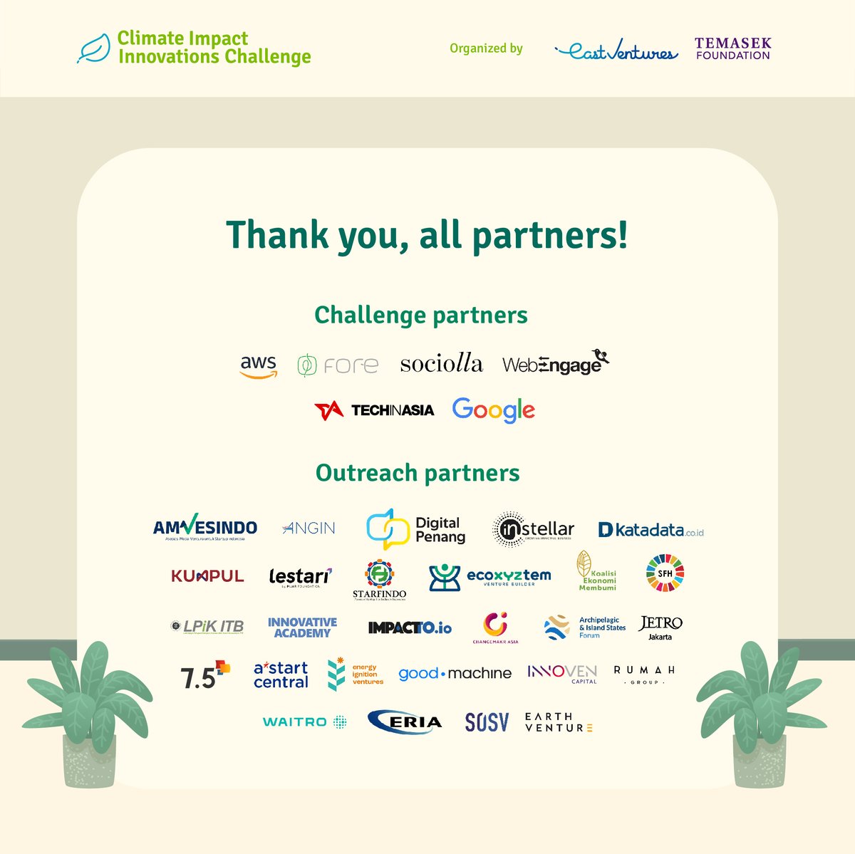 Climate Impact Innovations Challenge 2024 Partnership Opportunity👥

Interested to be part of us? Head to climateimpactinnovations.com/contact-us for more information.

The CIC 2024 is organized by @eastventures and @temasektoundation

#ClimatelmpactInnovationsChallenge #CIIC  #energytransistion