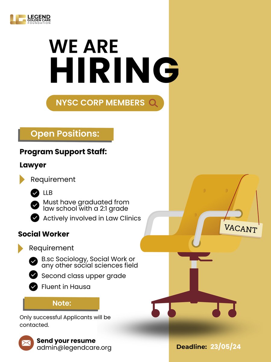 We're Hiring NYSC Corp Members!

Open Positions:
- Program Support Staff (Lawyer)
- Program Support Staff (Social Worker)

Interested and qualified candidates are encouraged to send their resumes to admin@legendcare.org

For more details, please refer to the flyer.