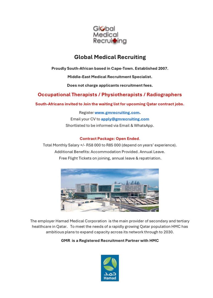 gmrecruiting's tweet photo. HMC Hamad Medical Corporation Qatar Contract Jobs for Occupational Therapist, Physiotherapist, Radiographers. Join the waiting list register here https://t.co/UVu8pa5wbw https://t.co/Rgm3XPjCrP
