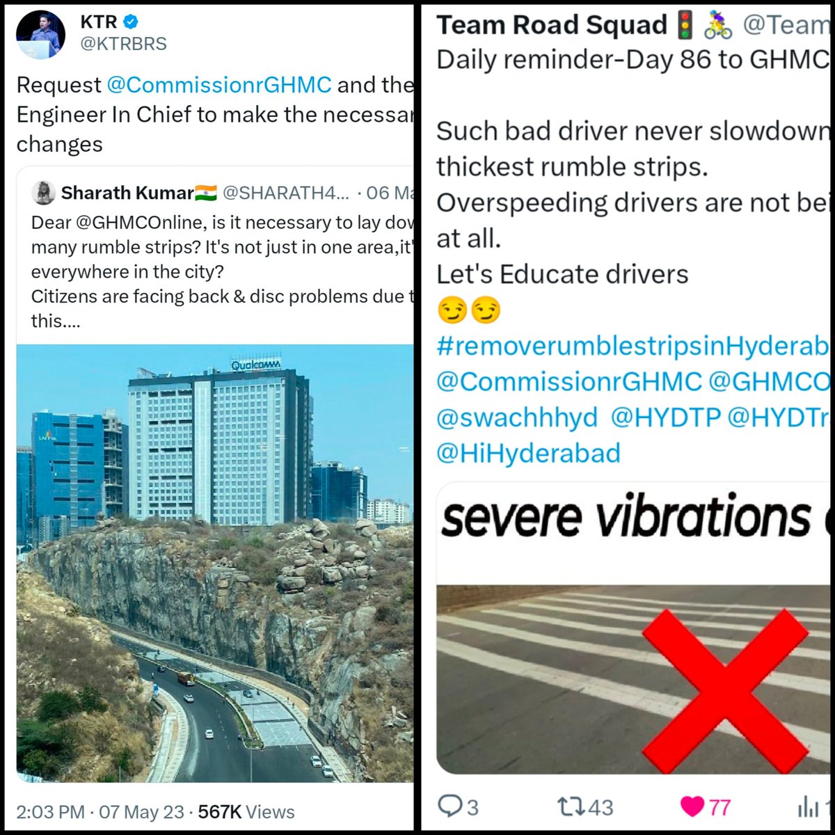 24 hours Response by former MA&UD Minister @KTRBRS No response from 86 days despite continuous daily reminders by current MA&UD Minister @revanth_anumula Request @GHMCOnline @CommissionrGHMC to acknowledge the thick rumble strips issue in city.