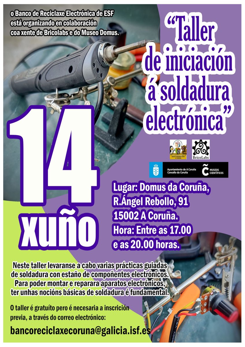 Jorge Lama (@raivenra) on Twitter photo Actividad del Banco de Reciclaje Electrónica de <a href="/ESFGALICIA/">Asociación Enxeñería Sen Fronteiras Galicia</a> colaborando con <a href="/Brico_Labs/">BricoLabs</a> y <a href="/mc2coruna/">Museos Científicos Coruñeses</a>:
Taller de iniciación a la soldadura electrónica
Viernes, 14 de junio, de 17.00 a 20.00
Domus de A Coruña
Inscrición mandando correo a:
bancoreciclaxecoruna@galicia.isf.es Actividad del Banco de Reciclaje Electrónica de <a href="/ESFGALICIA/">Asociación Enxeñería Sen Fronteiras Galicia</a> colaborando con <a href="/Brico_Labs/">BricoLabs</a> y <a href="/mc2coruna/">Museos Científicos Coruñeses</a>:
Taller de iniciación a la soldadura electrónica
Viernes, 14 de junio, de 17.00 a 20.00
Domus de A Coruña
Inscrición mandando correo a:
bancoreciclaxecoruna@galicia.isf.es