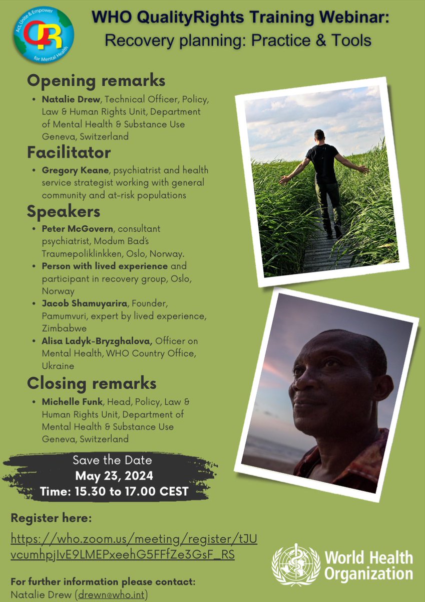 Michelle Funk (@michellefunk3) on Twitter photo Announcing our third <a href="/WHO/">World Health Organization (WHO)</a>#QualityRights training webinar on:
Recovery planning: practice and tools
23 May, 15:30 to 17:00 CEST
Register here:
tinyurl.com/69bx9jwx Announcing our third <a href="/WHO/">World Health Organization (WHO)</a>#QualityRights training webinar on:
Recovery planning: practice and tools
23 May, 15:30 to 17:00 CEST
Register here:
tinyurl.com/69bx9jwx