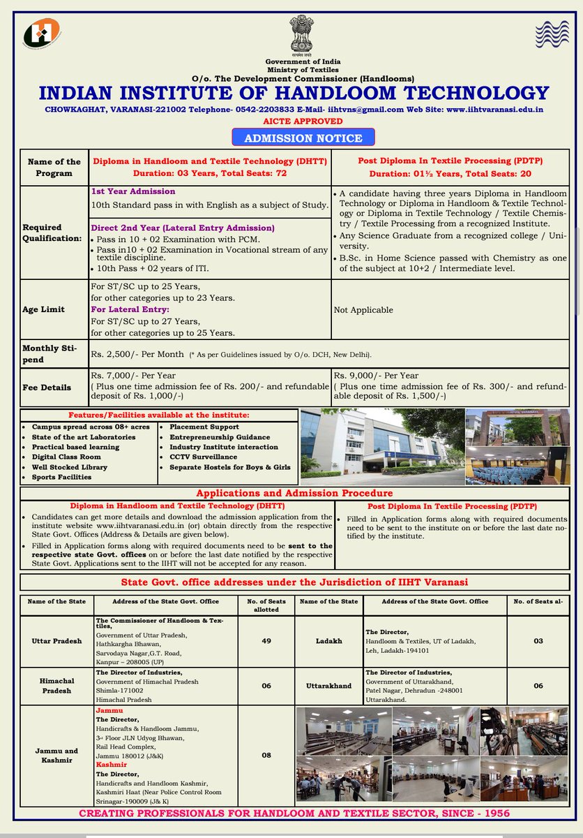 DIPR_Kargil's tweet photo. Admission to the First Year Diploma in Handloom and Textile Technology (DHTT) and Admission of candidates in direct Second Year of DHTT under lateral entry for the session 2024-2025 at Indian Institute of Handloom Technology, Varanasi from the candidates of UT Ladakh. 1/2 https://t.co/UzZdwq2KTR