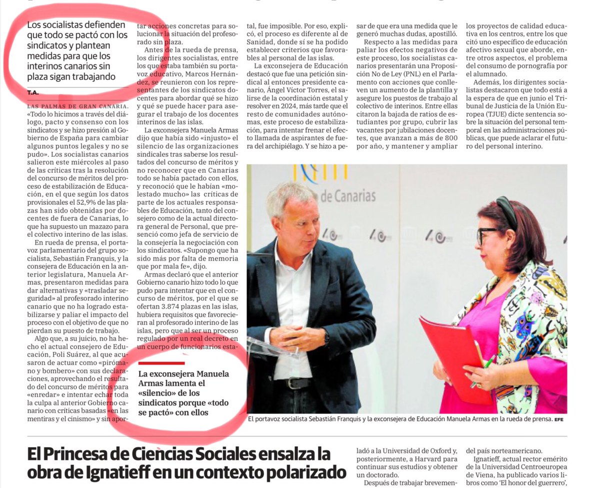 El PSOE, acorralado por la evidencia del fiasco en su proceso de estabilización de Educación, en el que el 52% de las plazas serán ocupadas por personal de fuera de las Islas, se enroca ahora en culpar a los sindicatos, obviando las muchas advertencias de lo que podía suceder.