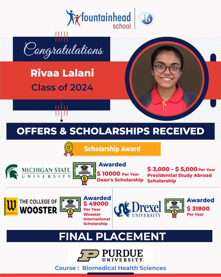 Congratulations to Rivaa Lalani for receiving offers from 4 universities & scholarships from 3. We're thrilled to see her choose Purdue University, pursuing Biomedical Health Sciences program. Let's cheer her on as she takes this remarkable step towards her future.@iborganization