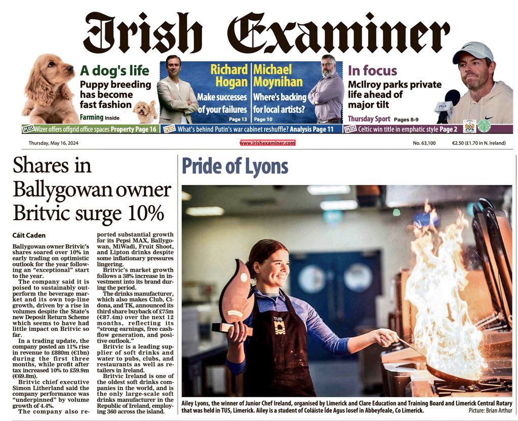 Ailey Lyons , Winner of Junior Chef Ireland, organised by Limerick and Clare Education and Training Board and @LimerickRotary held In @TUS_Midwest, @Limerick_ie, pictured in the Irish Examiner today. Ailey is a student of Colaiste Ide Agus Iosef,Abbeyfeale @LimClareETB