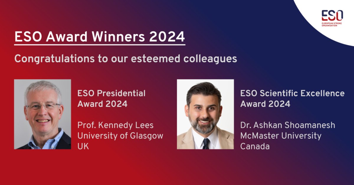 🏆 Congratulations to Prof. Kennedy Lees of @UofGlasgow for winning the prestigious ESO Presidential Award 2024 and Dr. Ashkan Shoamanesh of @McMasterU for clinching the ESO Scientific Excellence Award 2024. Your contributions to stroke research are remarkable! 👏 #ESOAwards