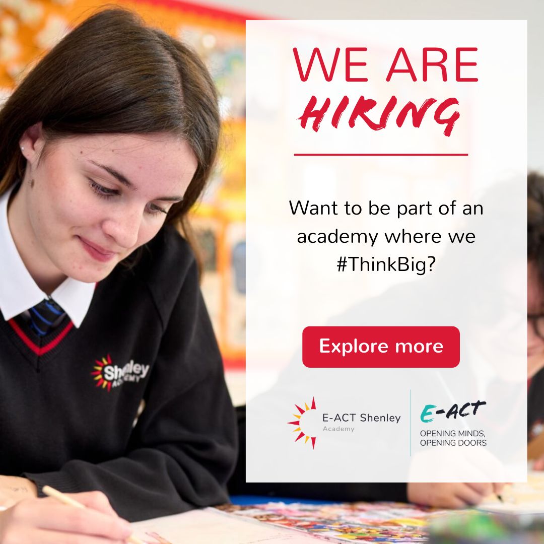 👇 Are you looking for a new role?👇 We have some fantastic opportunities at E-ACT Shenley Academy. Don't Miss this opportunity to join an academy that doesn't only #thinkbig but is dedicated to Building futures & Changing lives. Explore here: buff.ly/4bC5vNy