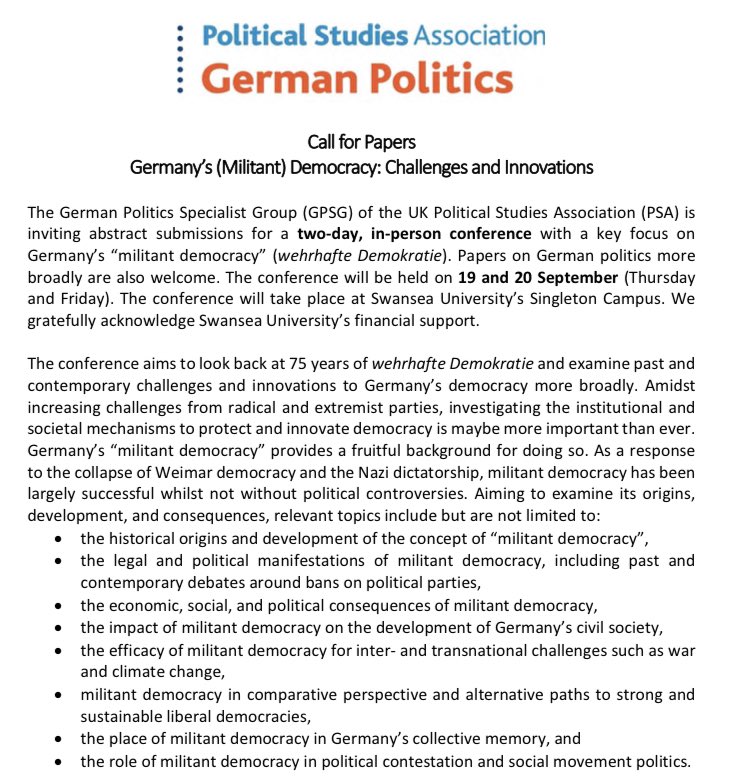 Int. Association for the Study of German Politics (@intasgp) on Twitter photo Join IASGP members <a href="/chantalS_T/">Chantal Sullivan-Thomsett @chantal-st.bsky.social</a> and <a href="/MatthiasDilling/">Matthias Dilling</a> at <a href="/SwanseaUni/">Swansea University</a> for the annual conference of the German Politics Specialist Group <a href="/PSAGermany/">PSAGermany</a> (19-20 September 2024).
Send a 250-word abstract before 29 May 2024 on Germany’s “militant democracy” or German politics more broadly Join IASGP members <a href="/chantalS_T/">Chantal Sullivan-Thomsett @chantal-st.bsky.social</a> and <a href="/MatthiasDilling/">Matthias Dilling</a> at <a href="/SwanseaUni/">Swansea University</a> for the annual conference of the German Politics Specialist Group <a href="/PSAGermany/">PSAGermany</a> (19-20 September 2024).
Send a 250-word abstract before 29 May 2024 on Germany’s “militant democracy” or German politics more broadly
