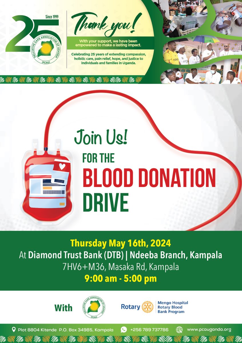 PCAUganda's tweet photo. Hello Kampala, we are at DTB Bank in Ndeeba @dtb_uganda today for a blood donation drive! We are glad to have Mengo Hospital Rotary Blood Bank @mengo_hospital! Come join us to donate blood to save lives! We will be here the whole day Thur 16/05/2024. #25YearsCaringforUganda  @Rotary @rotaract @rckampalanorth