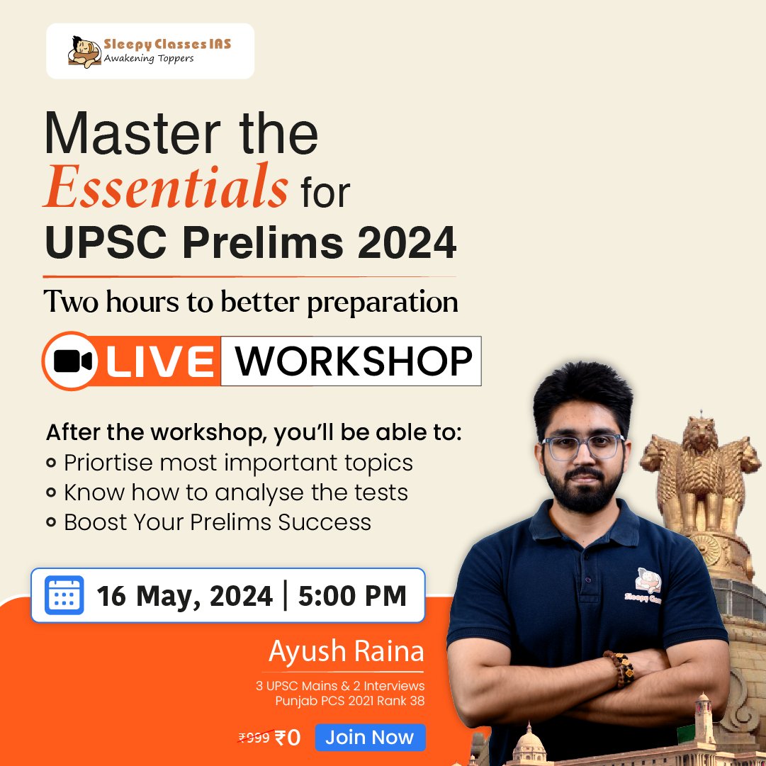 🗓 TODAY! ⏰ 5PM
'MUST ATTEND' UPSC Prelims 2024 FREE Score Booster Workshop
Registration Link in comments