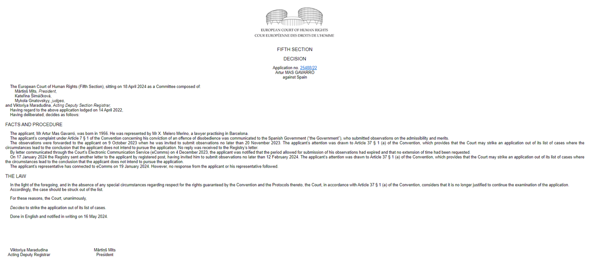 El Tribunal Europeo #DDHH #TEDH archiva la demanda del expresidente de la Generalitat Artur Mas contra España en relación a su condena de inhabilitación por un delito de desobediencia al llevar a cabo la consulta del 9-N en 2014. Decisión tinyurl.com/bdprb7rz