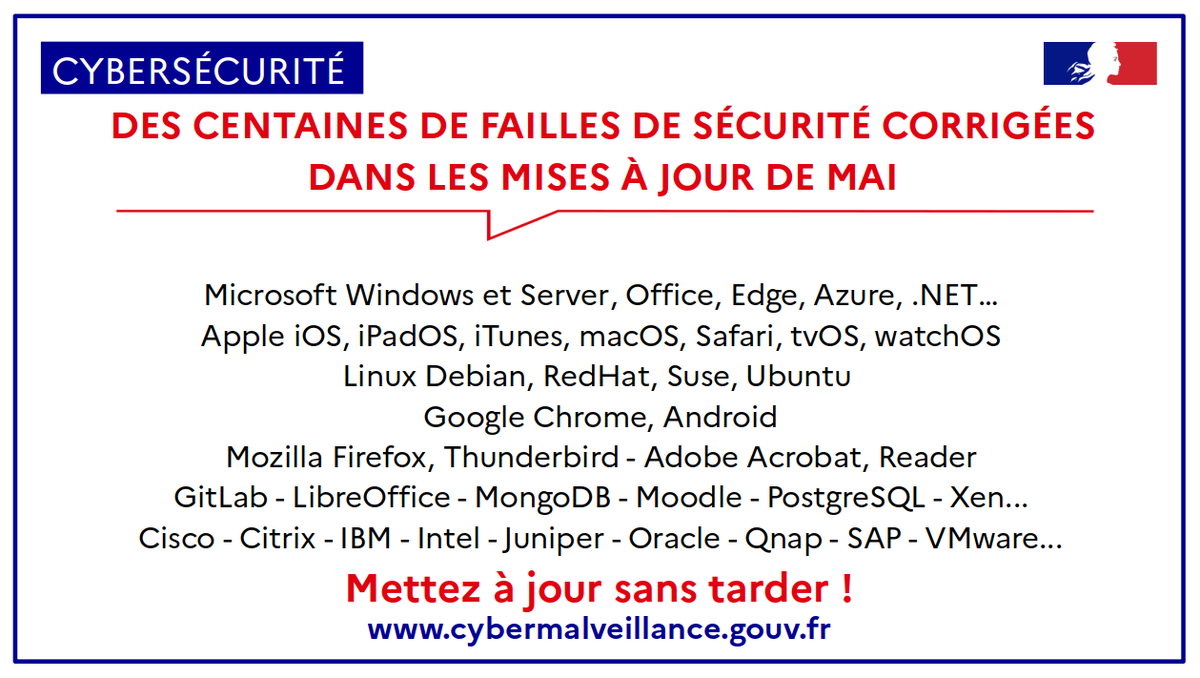 [🛡️#Cybersécurité] Des centaines de #failles de #sécurité corrigées dans les mises à jour de mai

⚠️ Certaines de ces failles sont critiques et utilisées par des criminels

➡️ Mettez à jour PC, #téléphones, serveurs... sans tarder !

+infos @CERT_FR : cert.ssi.gouv.fr/avis/