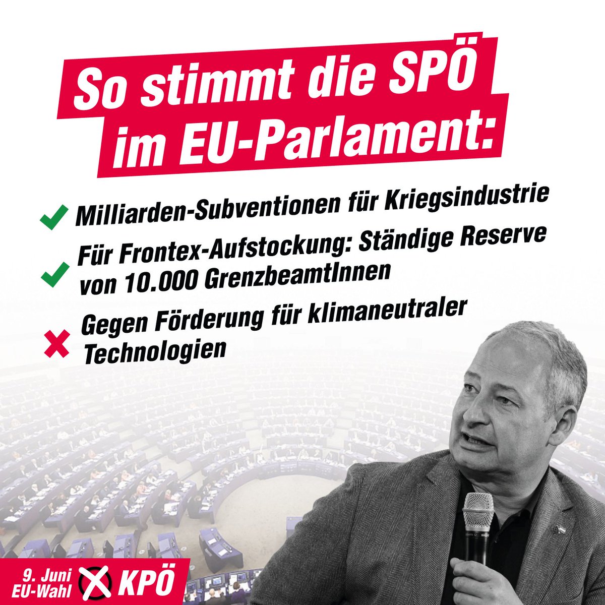 Die SPÖ schreibt sich die Neutralität auf die Fahne. Das Abstimmungsverhalten der österreichischen Abgeordneten im EU-Parlament lässt den Schluss zu, dass die Neutralität für Schieder & Co. mehr ein Marketing-Gag ist 👈

Jede Stimme zählt:
Am 9. Juni ✘ #KPÖ