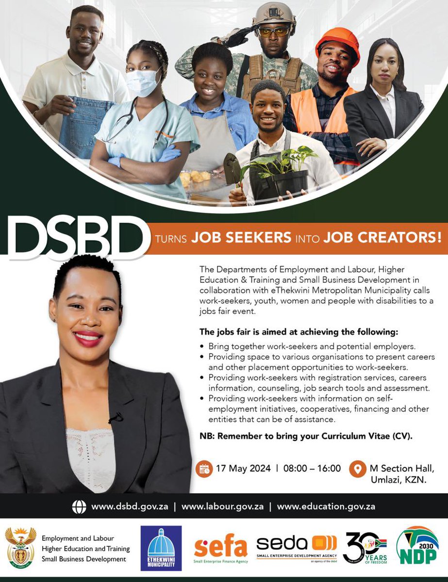 The Department of Employment and Labour, Higher Education and Training and Small Business Development in collaboration with eThekwini District Municipality calls work-seekers, youth, women and people with disabilities to a jobs fair event. #jobsfairevent