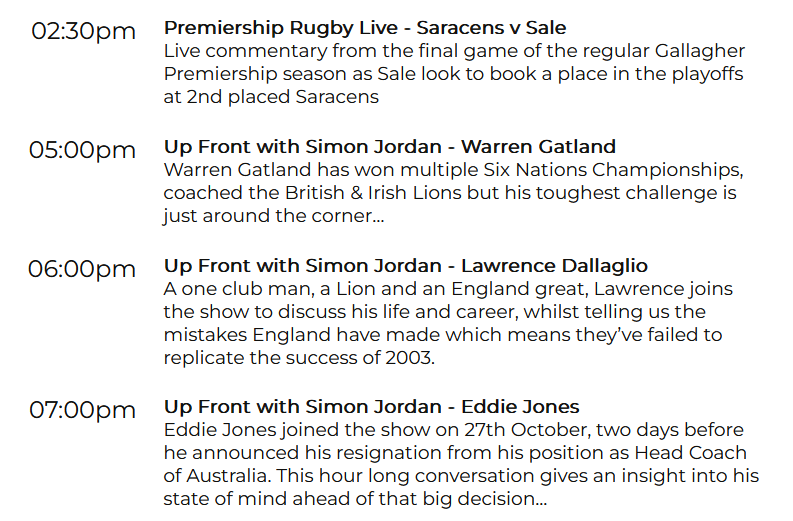 If you're a rugby union fan, can I suggest staying with @talkSPORT2 after the @premrugby commentary on Saturday; they're rolling out some of their big name rugby interviews (very handy for a car journey home post match!)