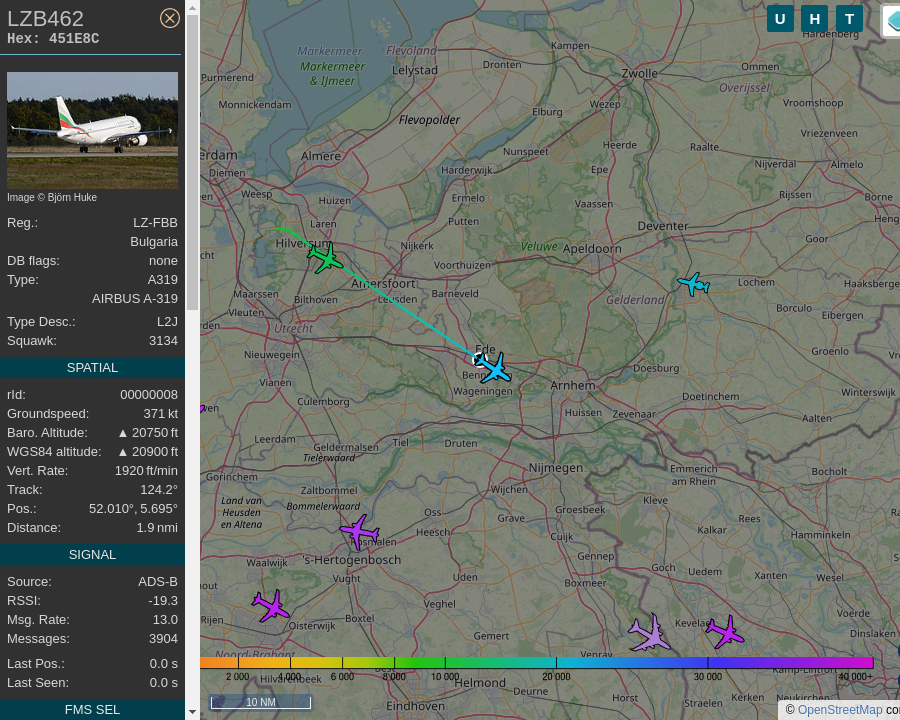 AboveEde's tweet photo. #LZB462 LZ-FBB A319 112 Bulgaria Air AMS-SOF Amsterdam Airport Schiphol to Sofia Airport: 0.1 mi away @ 20100 ft and 88.9° frm hrzn, heading SE @ 500.3mi/h 10:49:28. #UpInTheClouds #FlyingFast #ADSB #dump1090 https://t.co/IIF2xJsSox