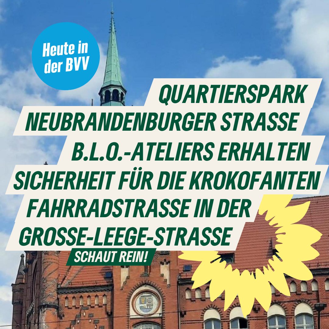 Unsere Schwerpunkte in der heutigen #bvvlbg:
👉Quartierspark Neubrandenburger Str.
👉B.L.O.-Ateliers langfristig erhalten
👉Fahrradstraße in der Große-Leege-Str.
👉Sicherheit für die Krokofanten
Schaut rein! Ab 17 Uhr live im Stream: gruenlink.de/2kuj
#Lichtenberg (1/5)