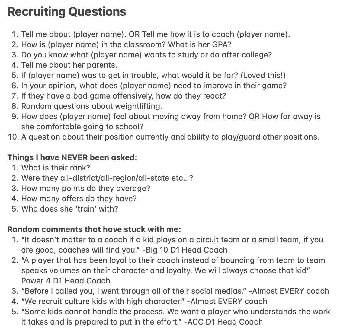 CoachQ____'s tweet image. Expanding on my tweet from yesterday, I put together recruiting questions I have been asked over the past couple years. I have been in direct contact with coaches at all levels, and they all ask the same things. Your character and work ethic matter MOST!