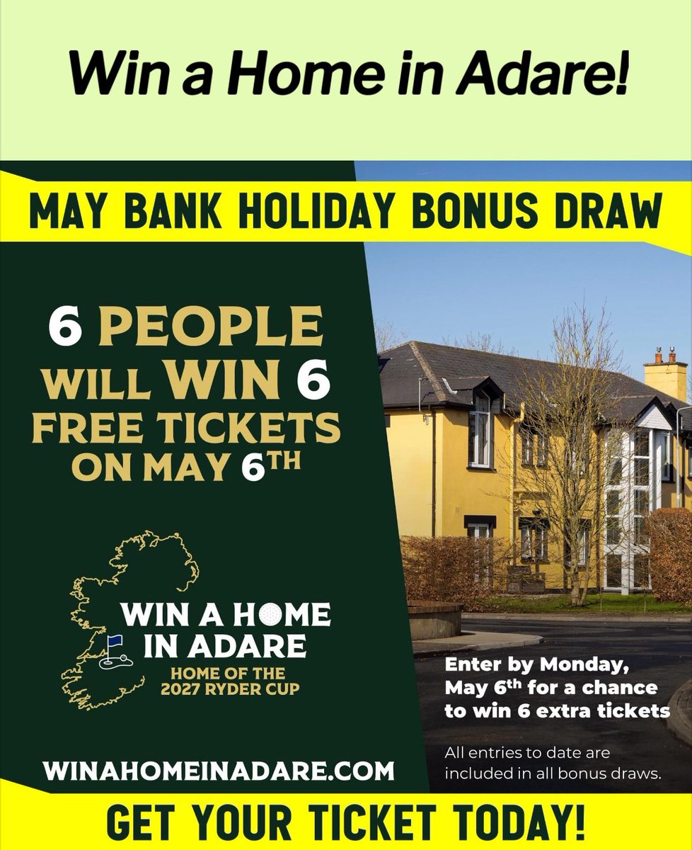 Win a home in Adare! Enter the draw for your chance to win a dream home and be entered into bonus draws with prizes including hotel breaks, tickets to this year's All Ireland final, and cash. Get your ticket now at winahomeinadare.com