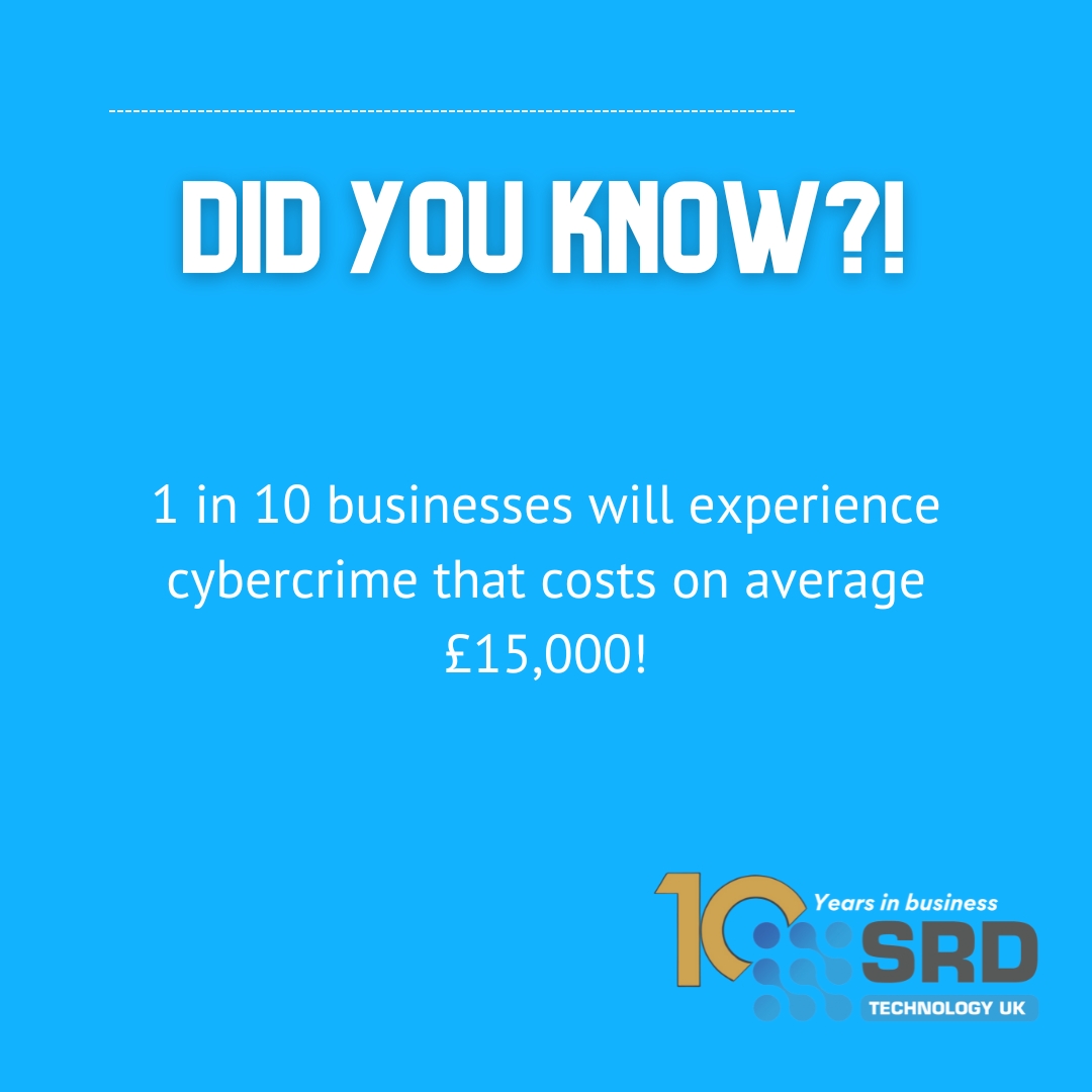 Did you know 1 in 10 businesses fall victim to cybercrime, costing an average of £15,000? Don't become a statistic. Invest in robust cybersecurity solutions today with SRD Technology UK! Call today at 0330 0244 590 or email solutions@srdtechnologyuk.com.
#itsupport #itforbusiness